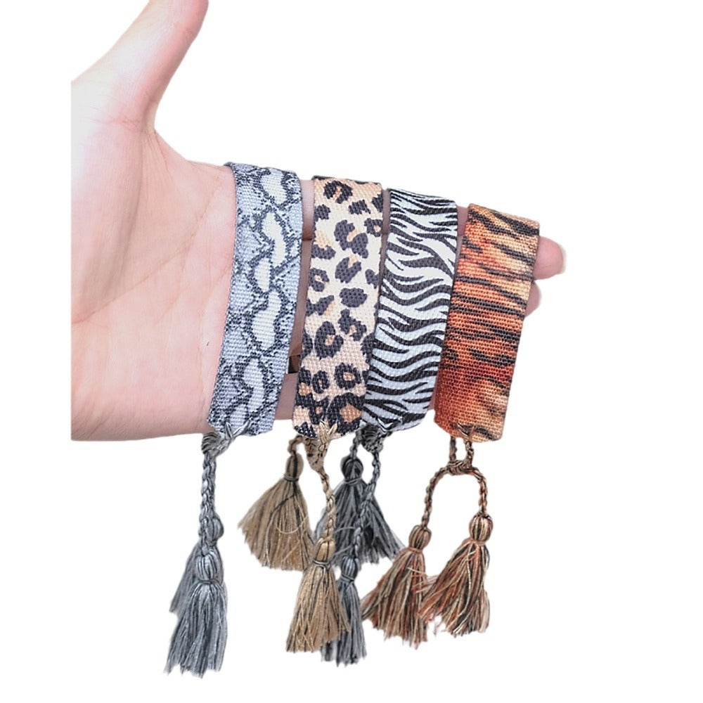 Ethnic Leopard Polyester Bracelet with Embroidered Letter and Tassel Adjustable Strap