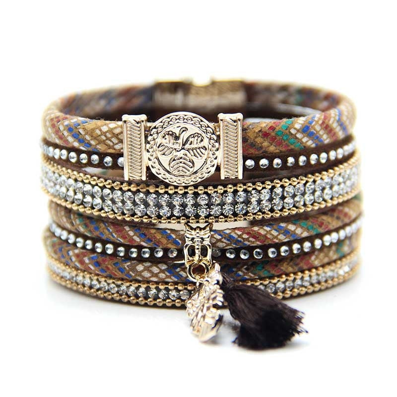 Ethnic Owl PU Leather Inlay Artificial Diamond Bohemian Women's Bracelet