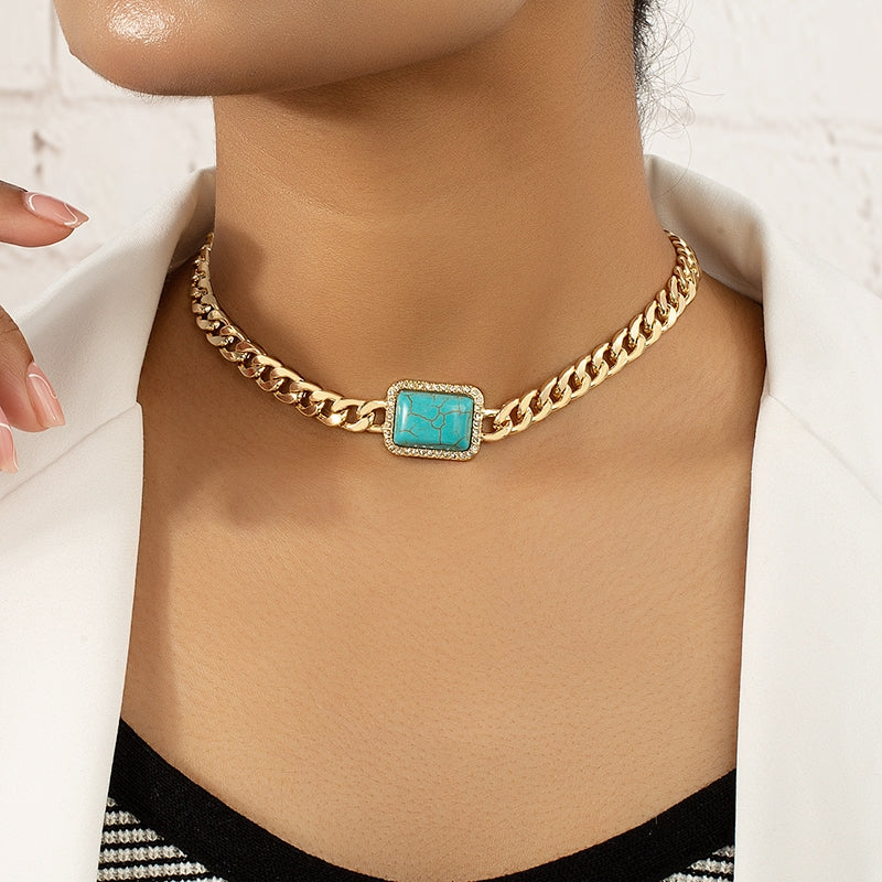 Ethnic Quadrilateral Turquoise & Emerald Gemstone Women's Choker Necklace