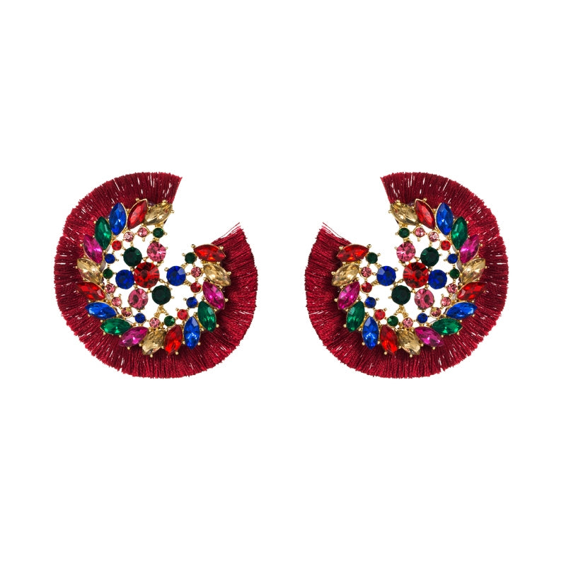 Bohemian Alloy Tassel Rhinestone Circle Earrings for Women