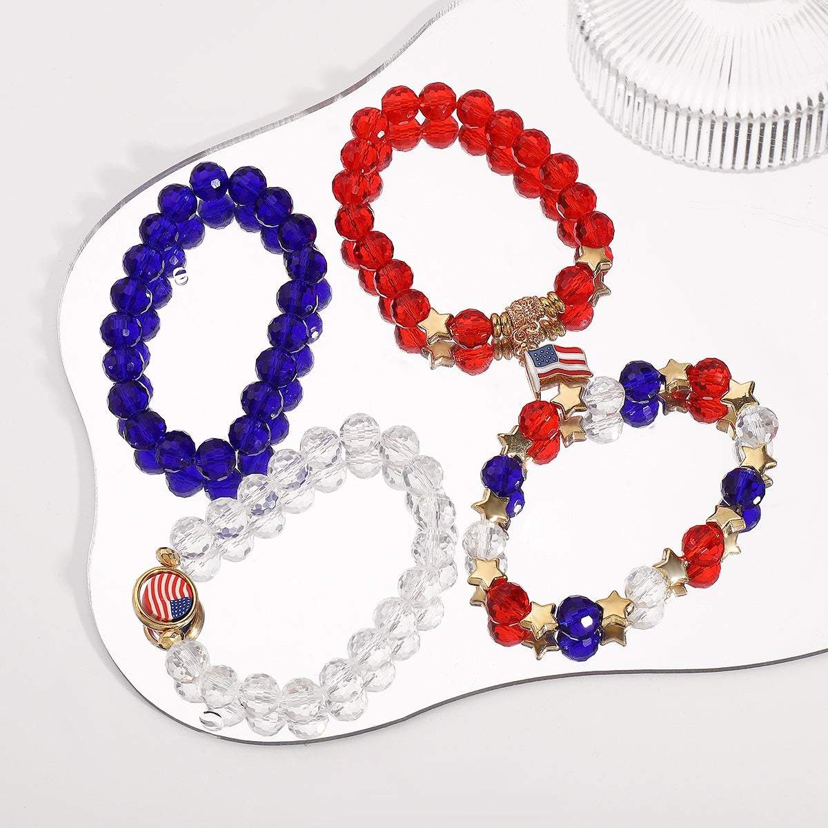 Ethnic American Flag Crystal Beaded Bracelet Set