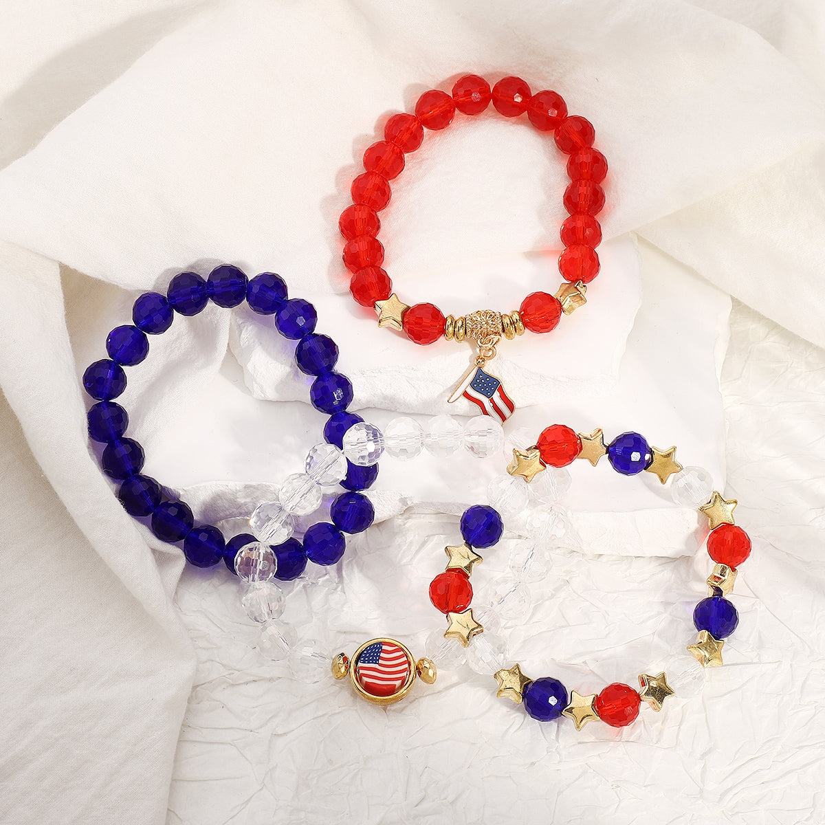 Ethnic American Flag Crystal Beaded Bracelet Set