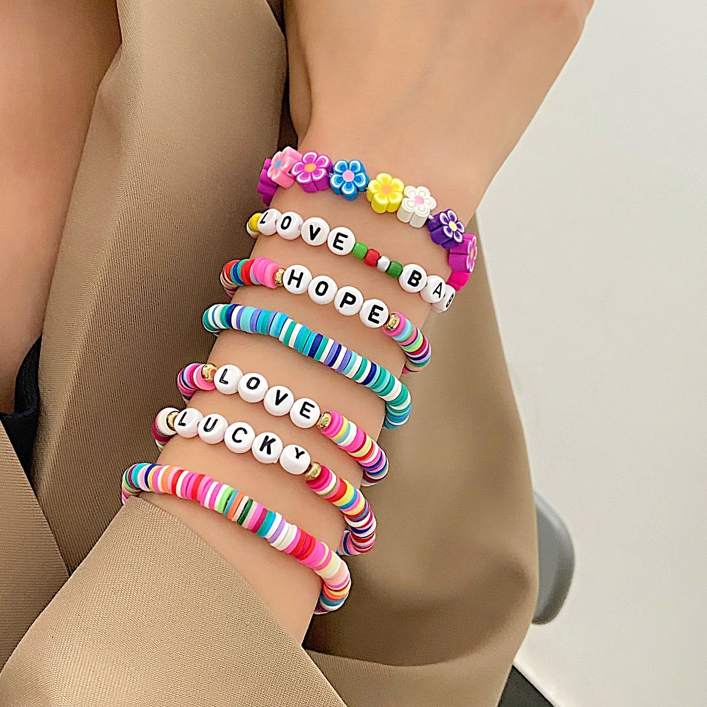 Ethnic Boho Colorful Flower Beaded Clay Letter Bracelets for Women