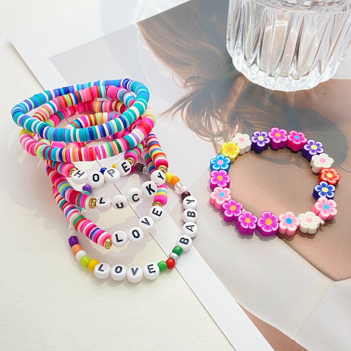 Ethnic Boho Colorful Flower Beaded Clay Letter Bracelets for Women