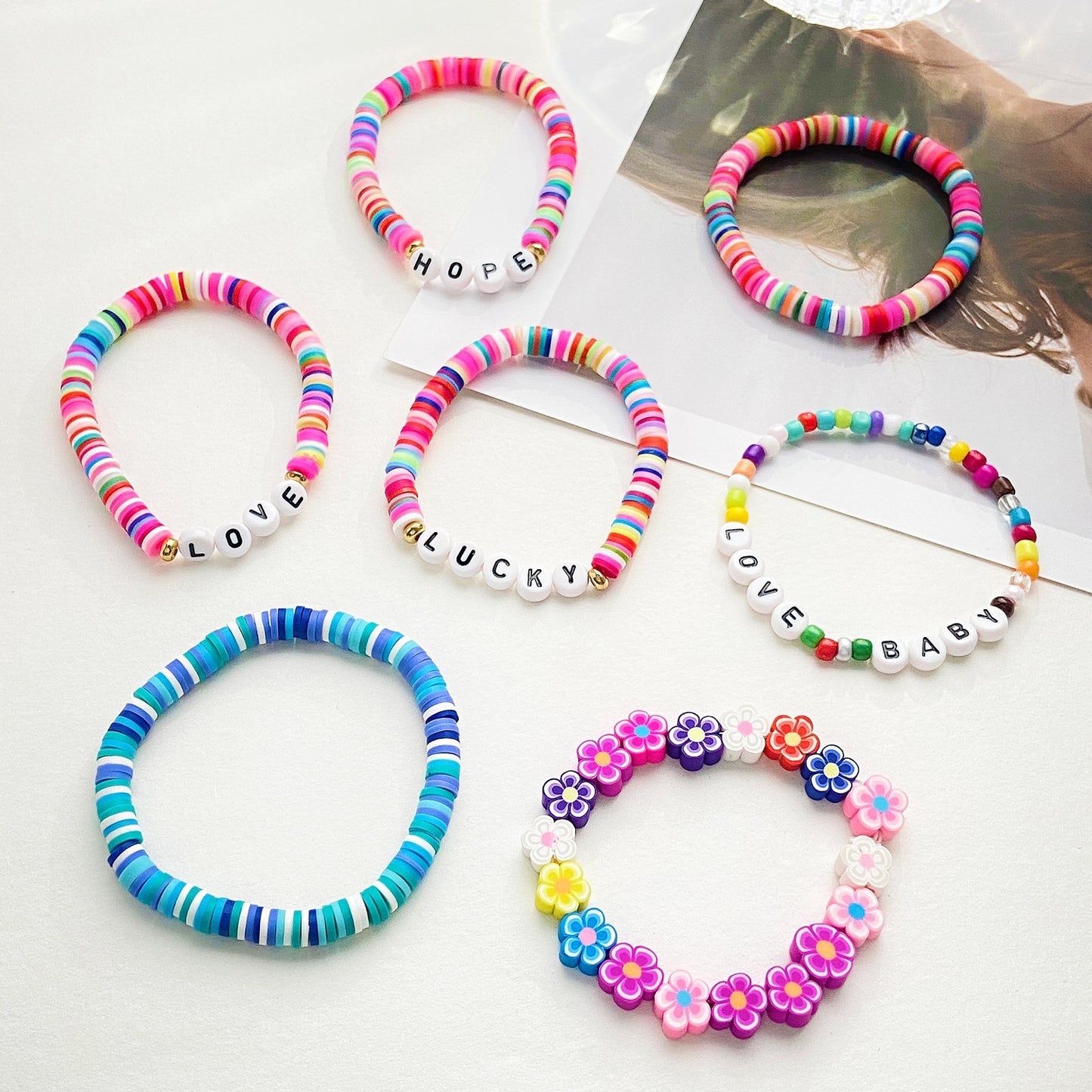 Ethnic Boho Colorful Flower Beaded Clay Letter Bracelets for Women