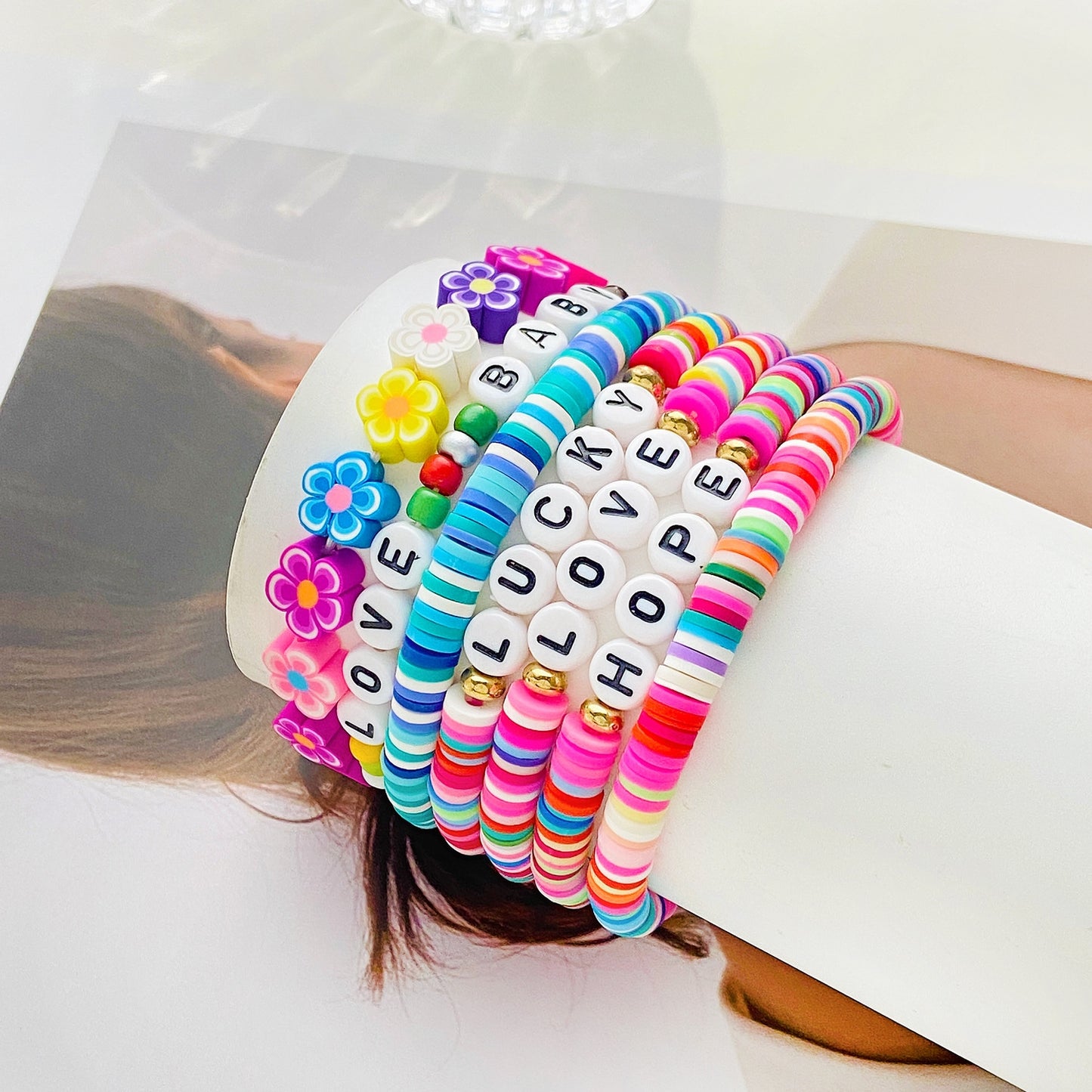 Ethnic Boho Colorful Flower Beaded Clay Letter Bracelets for Women