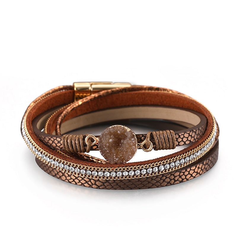 Ethnic Style Round PU Leather Multi-Layer Crystal Pendant Women's Bracelet