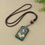 Ethnic Square Alloy Wood Pendant Necklace with Nepalese Thangka Design