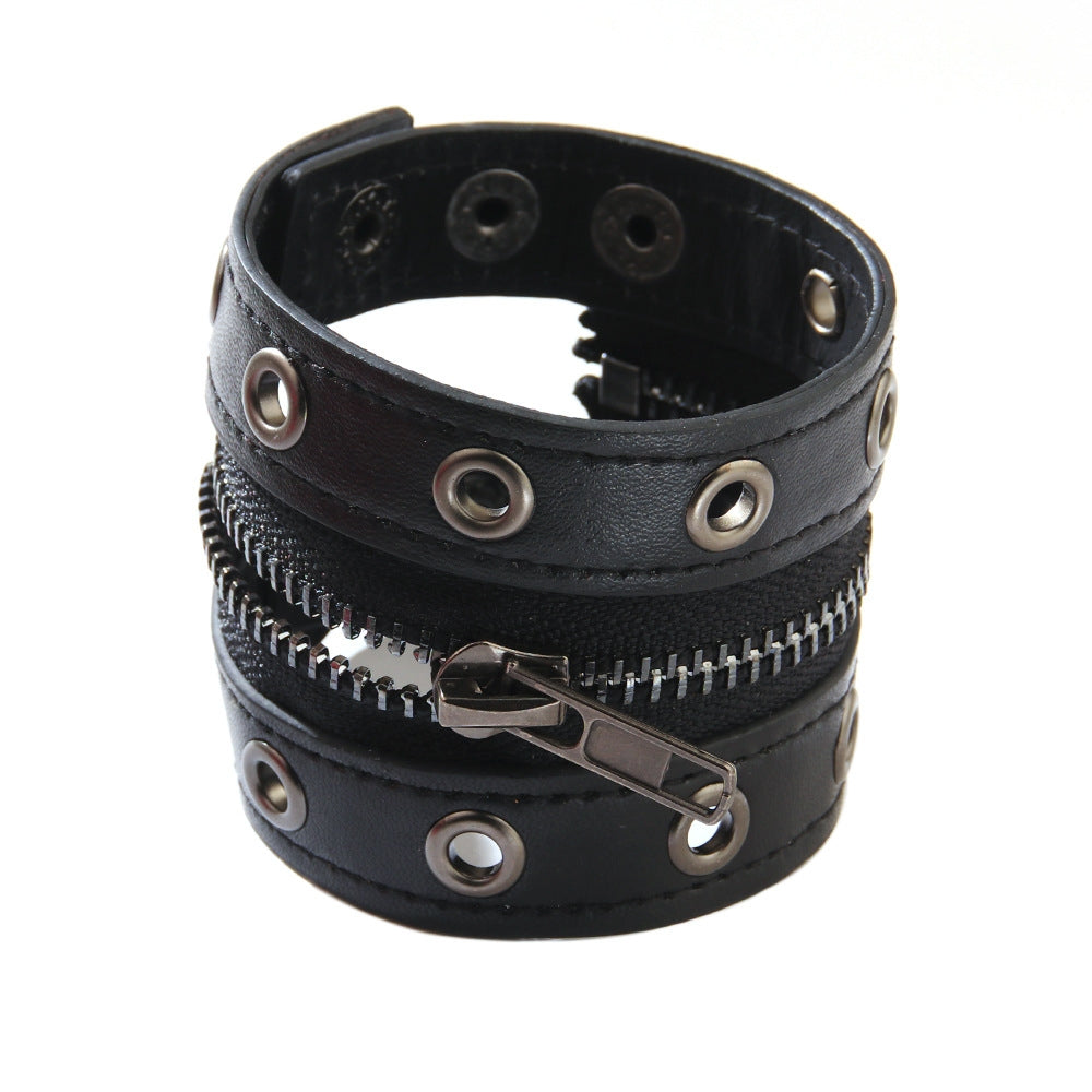 European American Punk Rivet Chain Cowhide Leather Bracelet