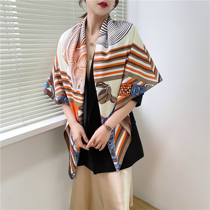 European American Twill Silk Striped Square Scarf Shawl 130cm