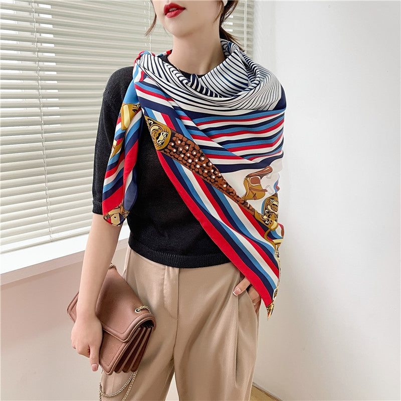 European American Twill Silk Striped Square Scarf Shawl 130cm