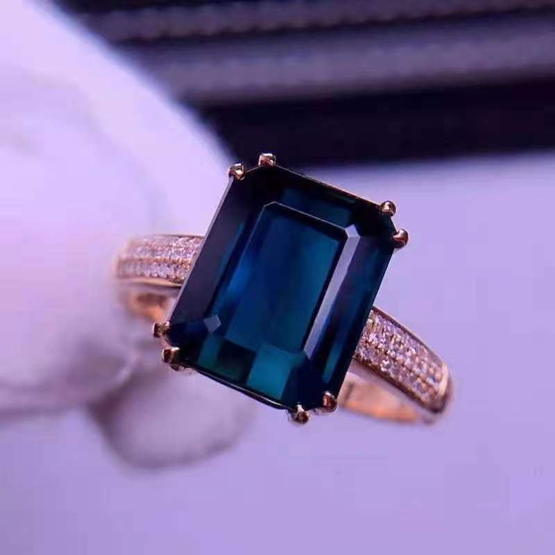 18k Rose Gold-Plated Emerald Cut Blue Open Ring