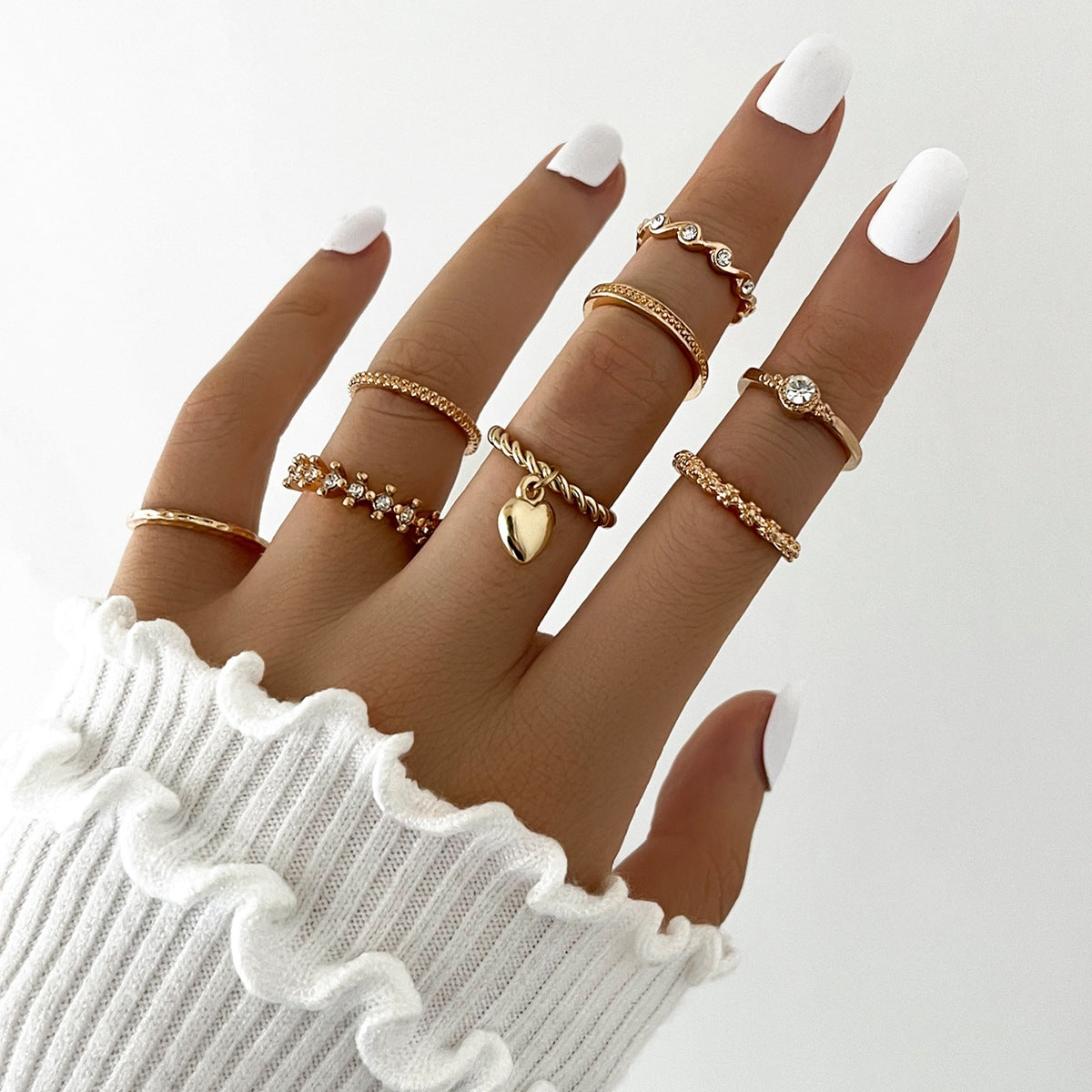 European American Fashion Love Pendant Geometric Wave Knuckle Ring Set - 8 Pieces Retro Style