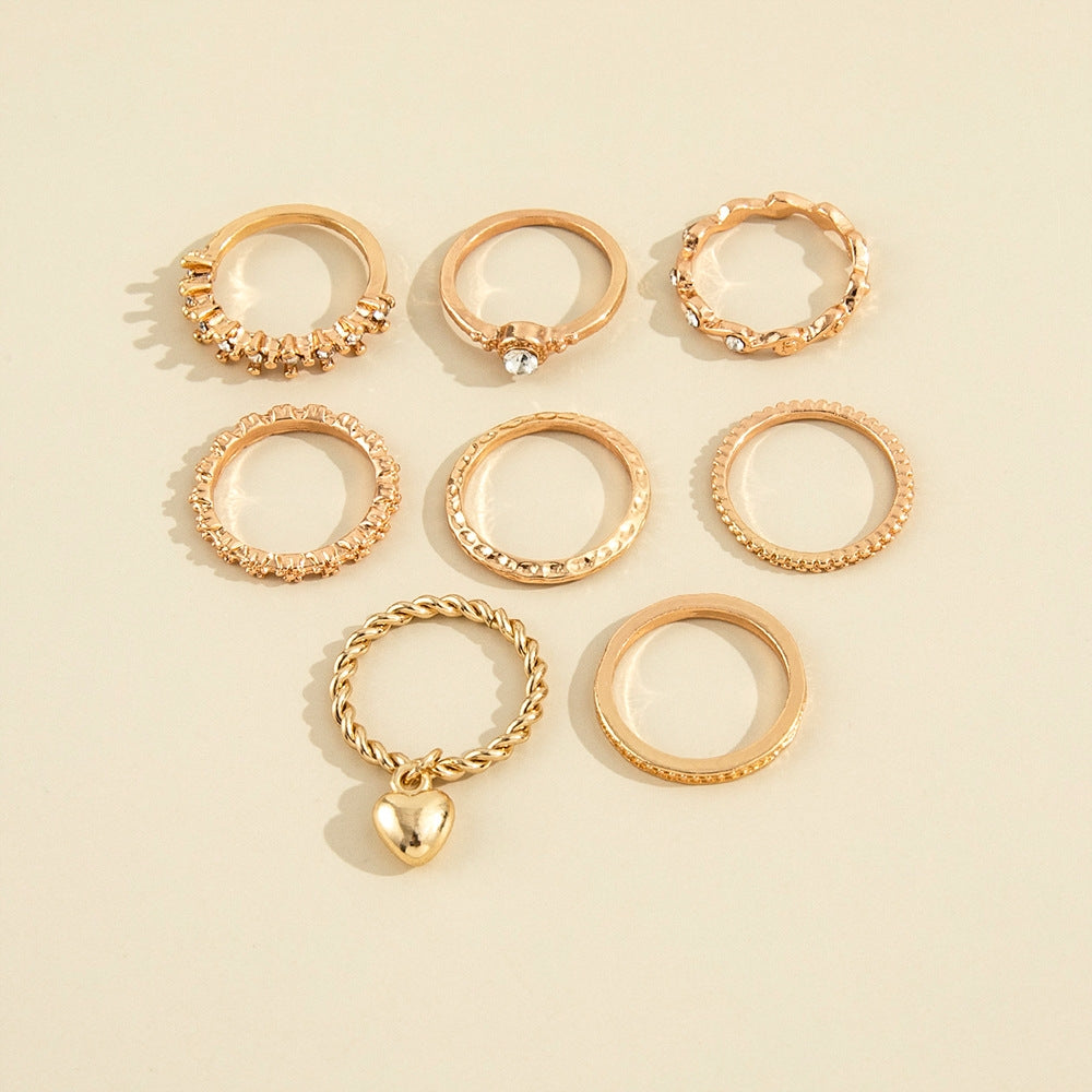 European American Fashion Love Pendant Geometric Wave Knuckle Ring Set - 8 Pieces Retro Style