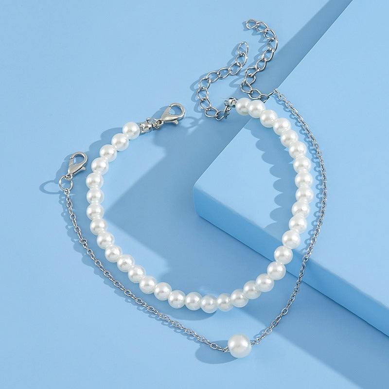 European American Fashion Double Layered Pearl and Turtle Anklet Set