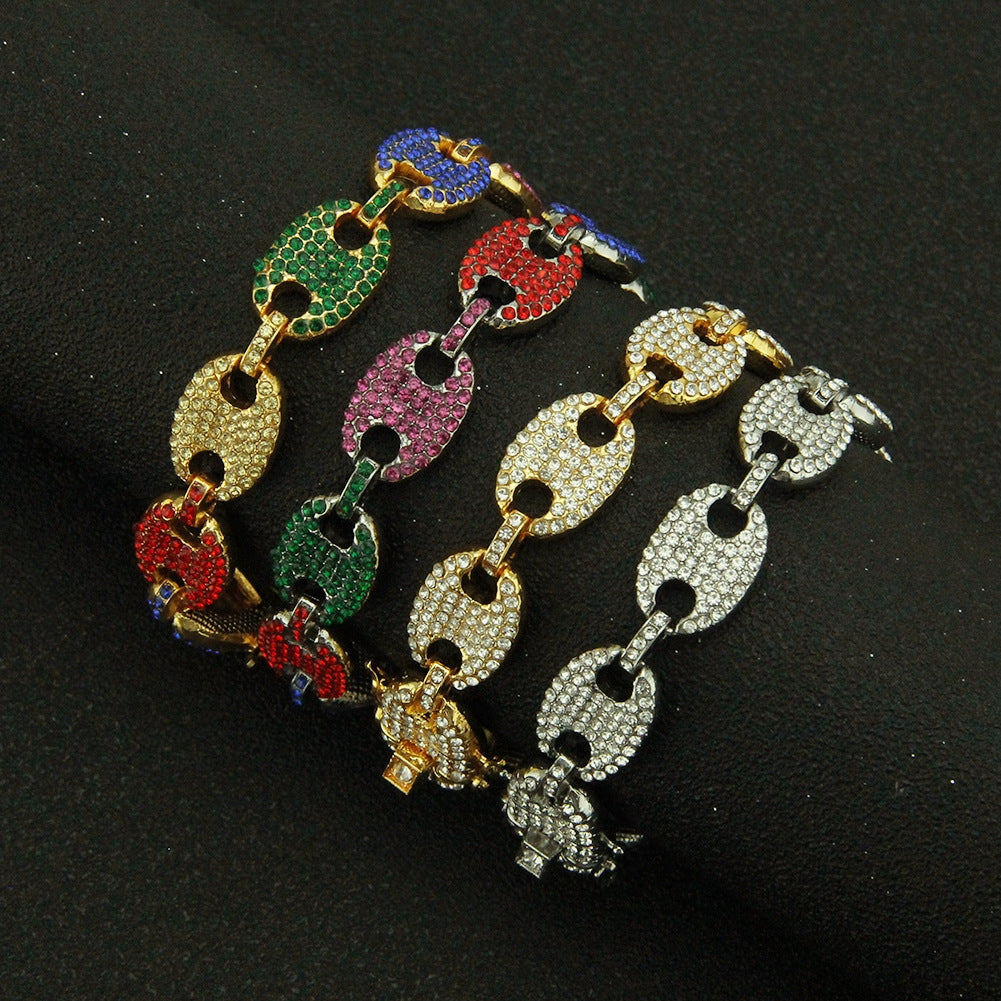 European American Hip Hop Colored Gemstone Pig Nose Coffee Bean Chain Bracelet