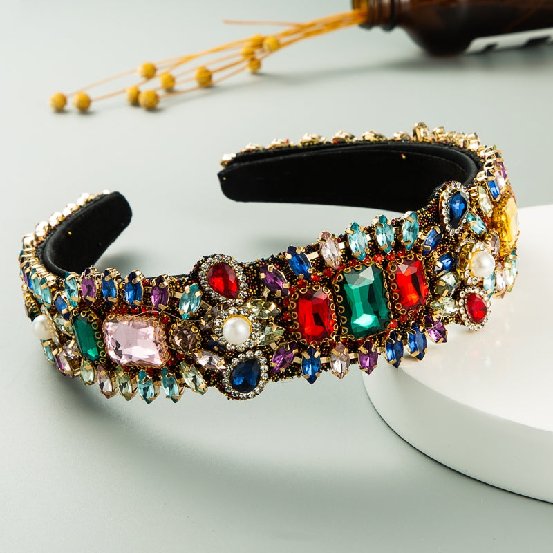 European Retro Baroque Colorful Rhinestone Teardrop Headband for Women