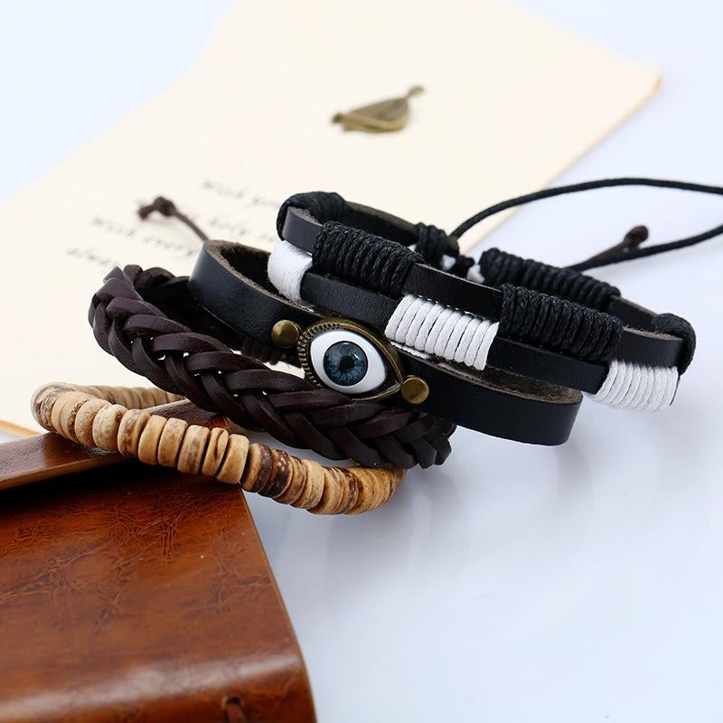 European American Retro Woven Cowhide Eye Leather Bracelet Set for Men