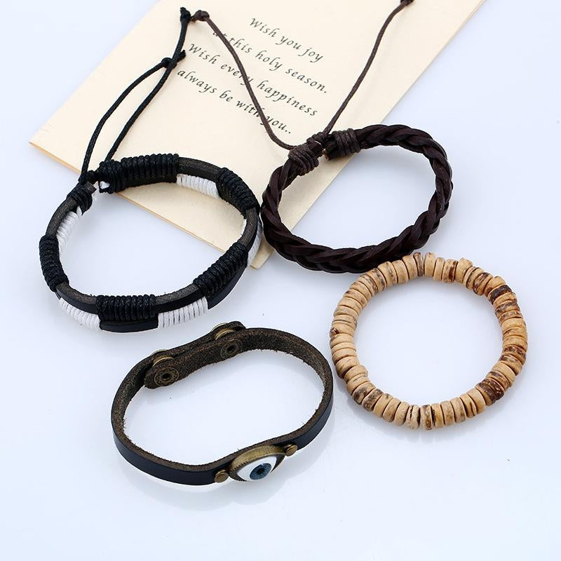 European American Retro Woven Cowhide Eye Leather Bracelet Set for Men