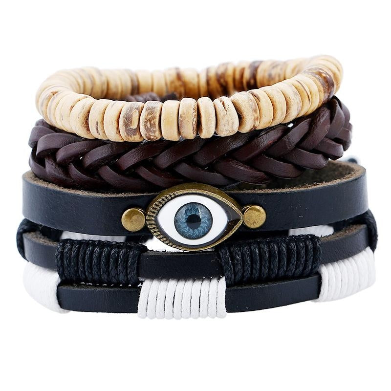 European American Retro Woven Cowhide Eye Leather Bracelet Set for Men