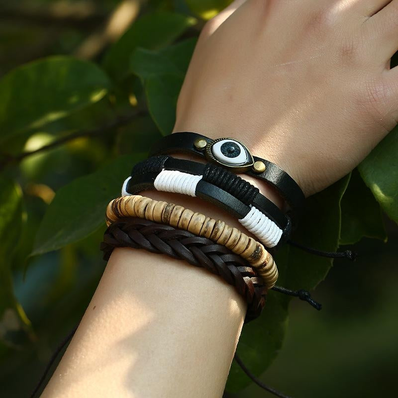 European American Retro Woven Cowhide Eye Leather Bracelet Set for Men