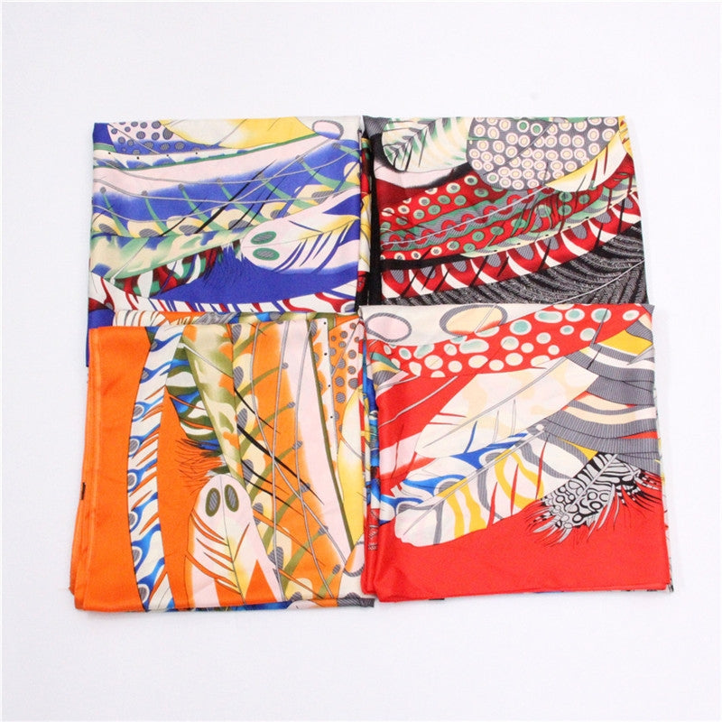 European Feather Print Twill Silk Square Scarf 130cm Women's Headscarf Shawl