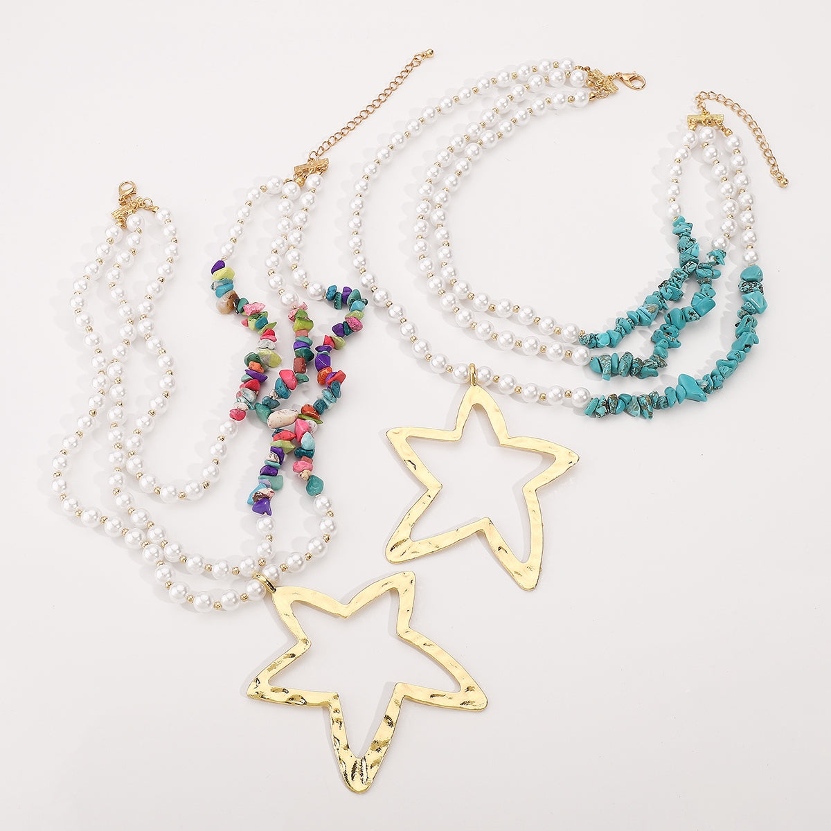 Exaggerated Bohemian Layered Star Beaded Necklace with Imitation Pearl and Turquoise