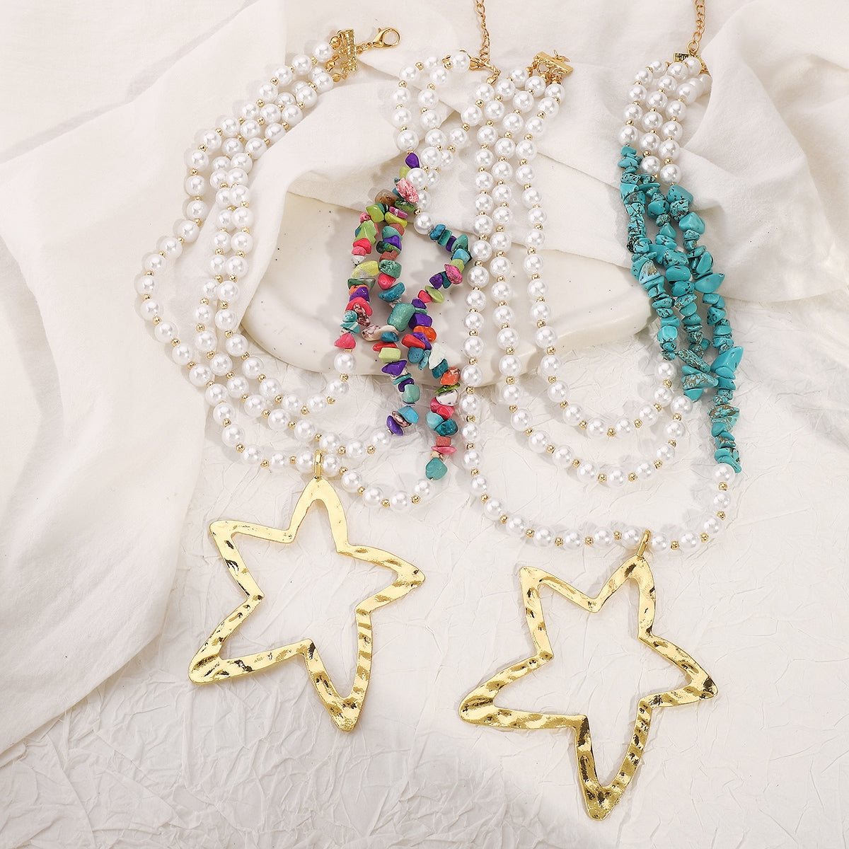 Exaggerated Bohemian Layered Star Beaded Necklace with Imitation Pearl and Turquoise