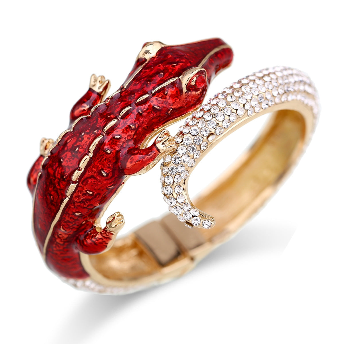 Exaggerated Crocodile Alloy Enamel Rhinestone Open Bangle