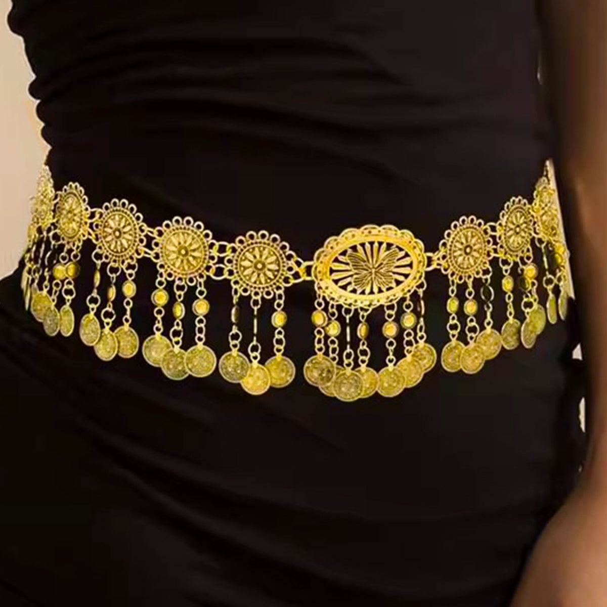 Exaggerated Ethnic Geometric Alloy Multi-layer Coin Tassel Women's Chain Belt