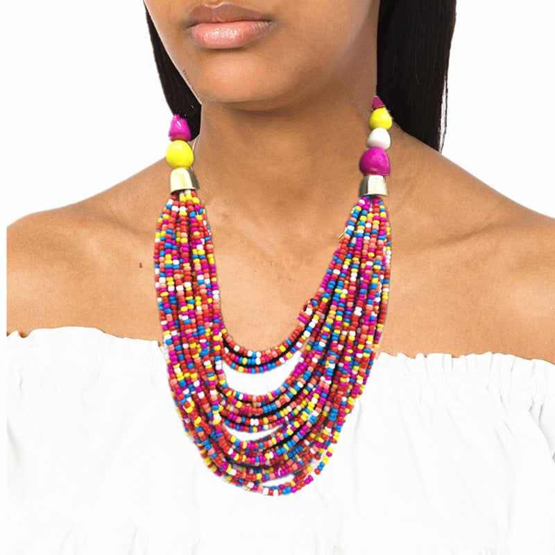 Exaggerated Bohemian Multi-Layer Acrylic Beaded Necklace Jewelry Set