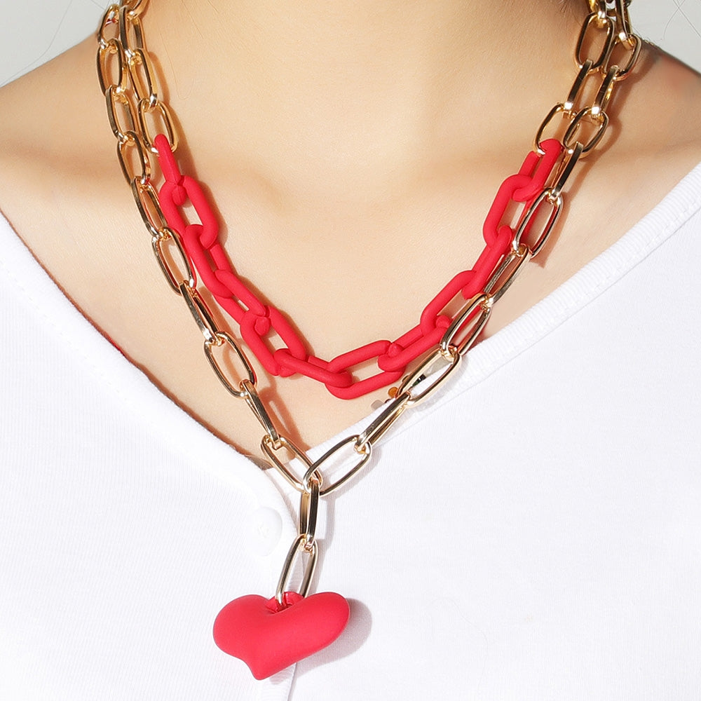 Exaggerated Heart-Shaped Acrylic Aluminum Layered Pendant Necklace