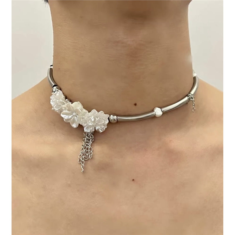 Exquisite Floral Alloy Choker Necklace with Tassel Design