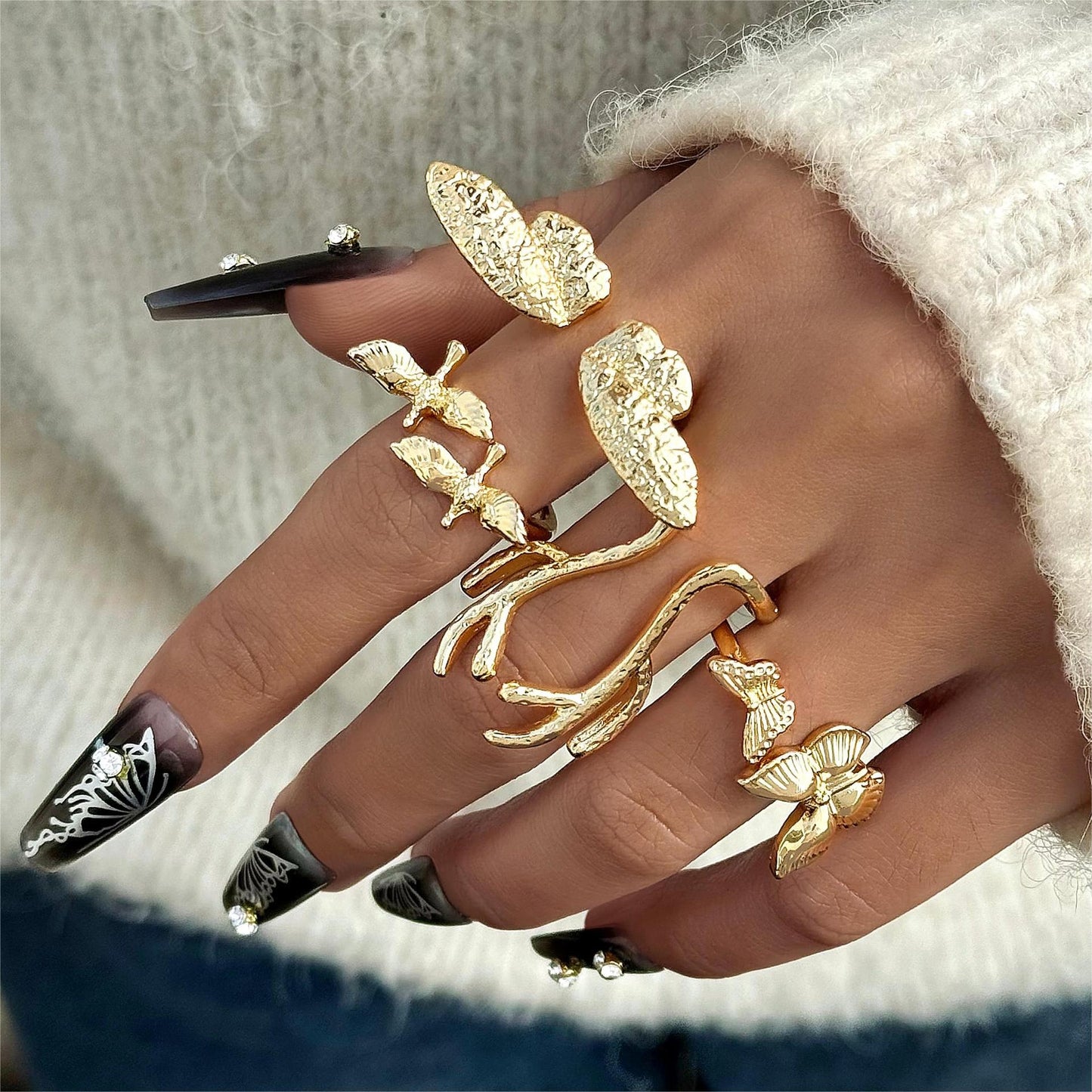 Exaggerated Modern Animal Butterfly Deer Antler Gold Open Ring Set for Women