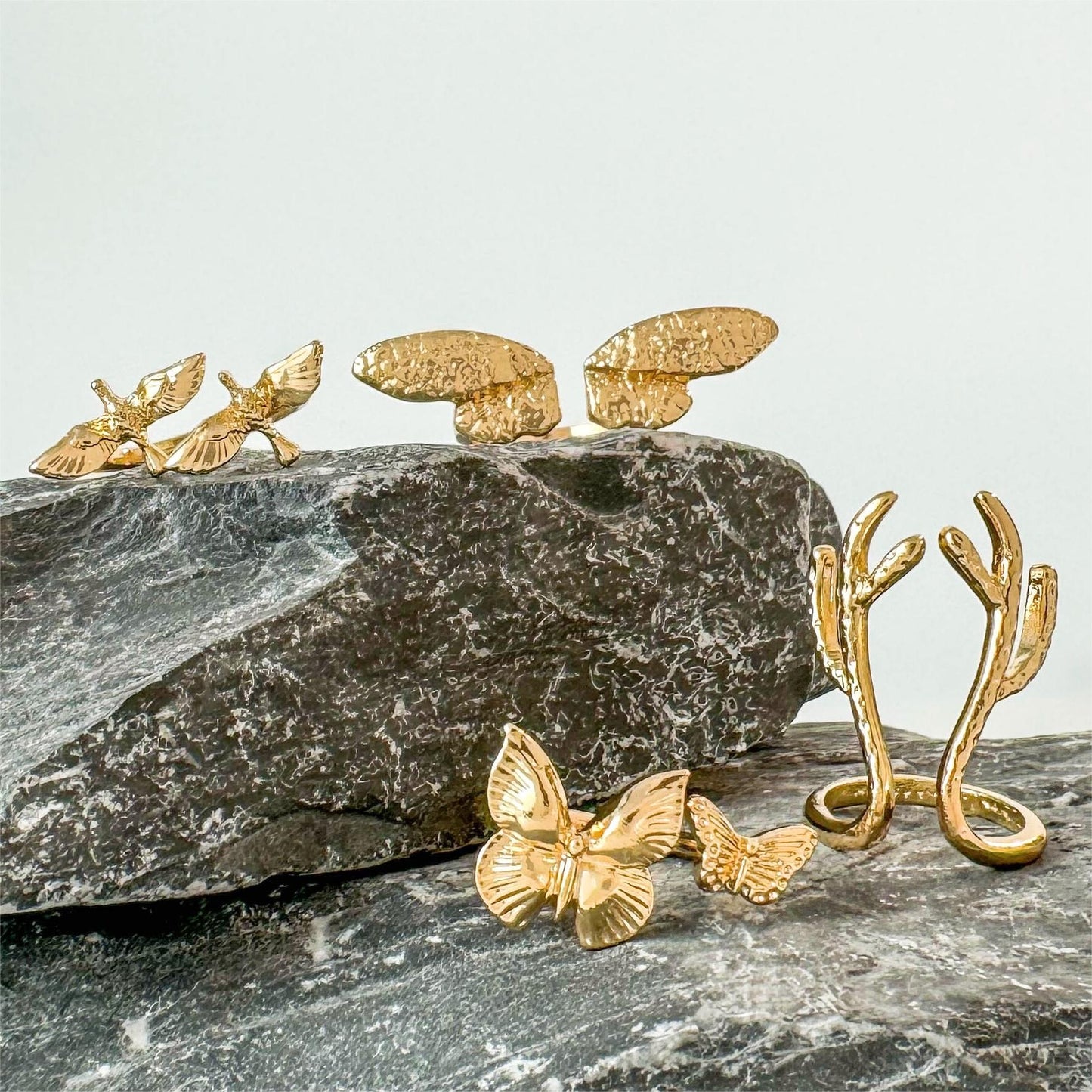 Exaggerated Modern Animal Butterfly Deer Antler Gold Open Ring Set for Women