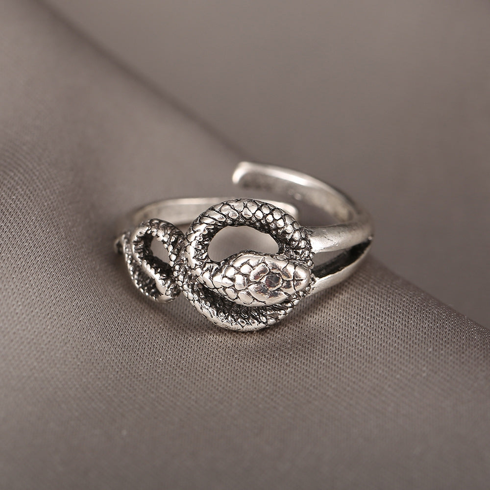 Exaggerated Snake-Shaped Antique Silver Adjustable Open Ring