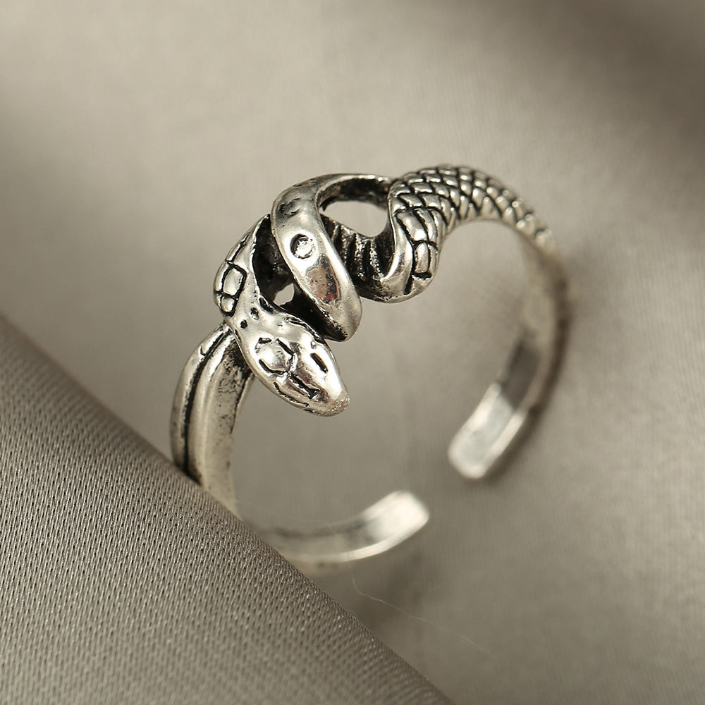 Exaggerated Snake-Shaped Antique Silver Adjustable Open Ring