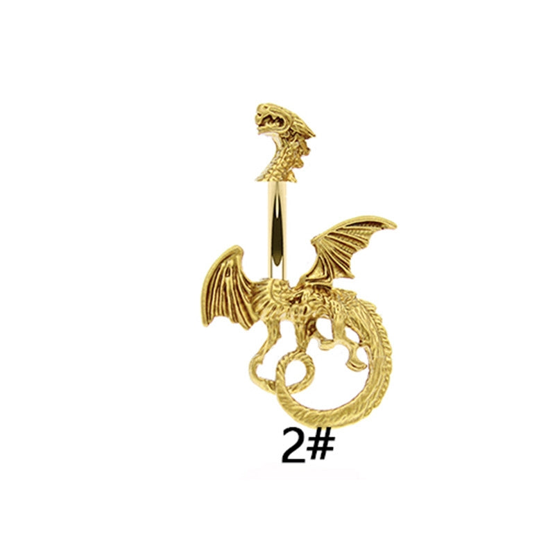 Exaggerated Punk Artistic Heart Shape Snake Dragon Stainless Steel Copper Plating Inlay Zircon White Gold Plated Gold Plated Belly Ring