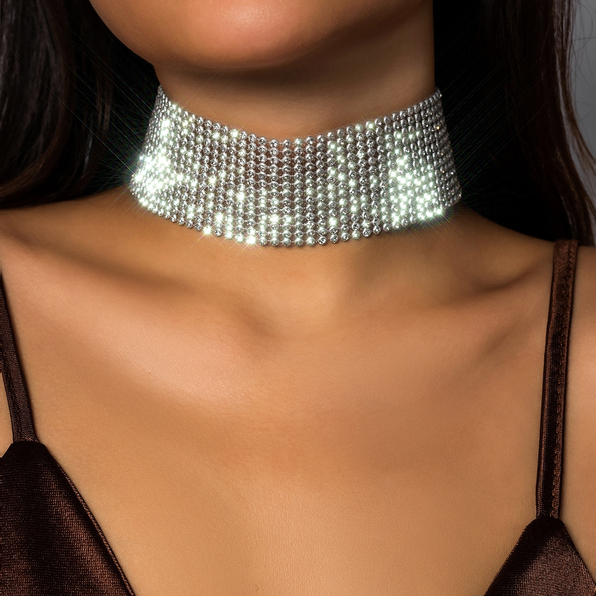 Exaggerated Rhinestone Choker Necklace with Wide Band Design