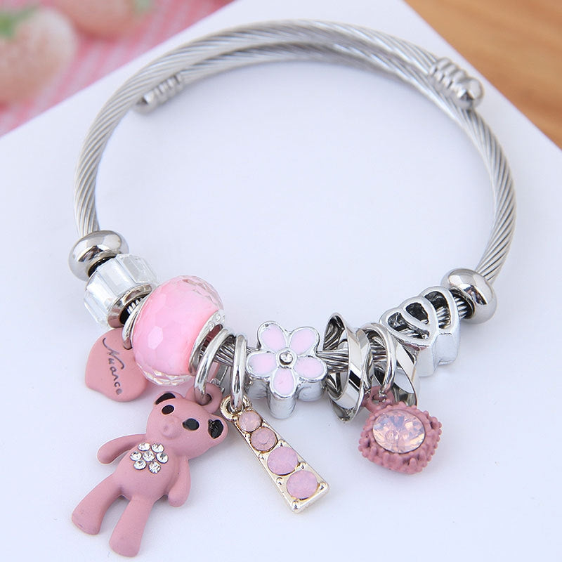 European American DIY Love Bear Pendant Beaded Adjustable Bracelet for Women