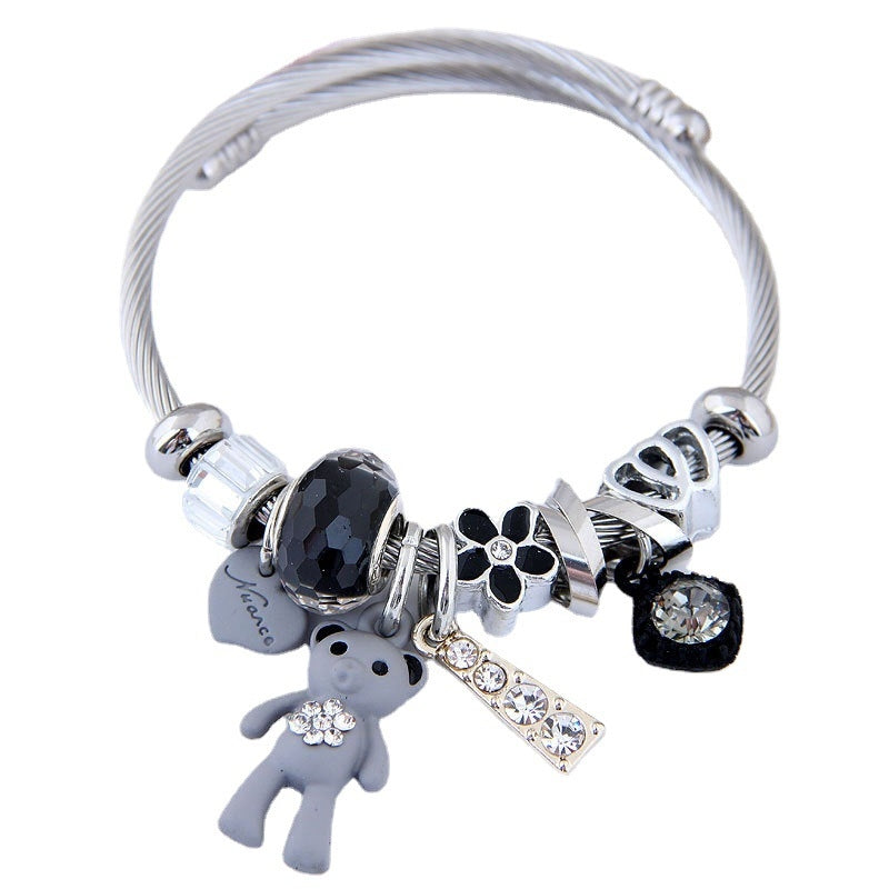 European American DIY Love Bear Pendant Beaded Adjustable Bracelet for Women