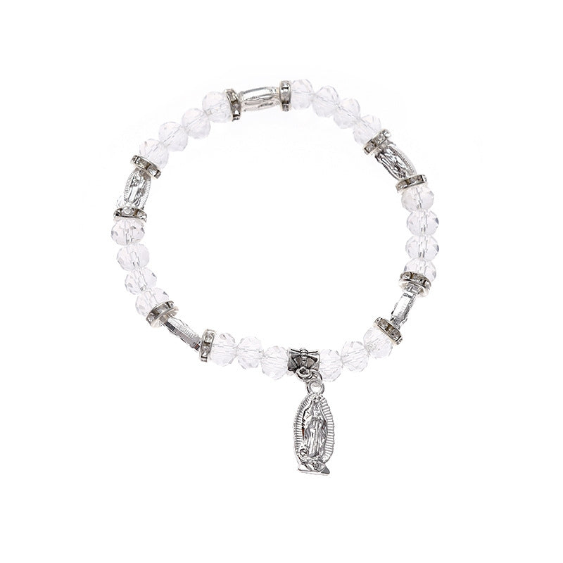 Factory Direct Transparent Crystal Glass Beads Bracelet with Our Lady Pendant, Elastic Design