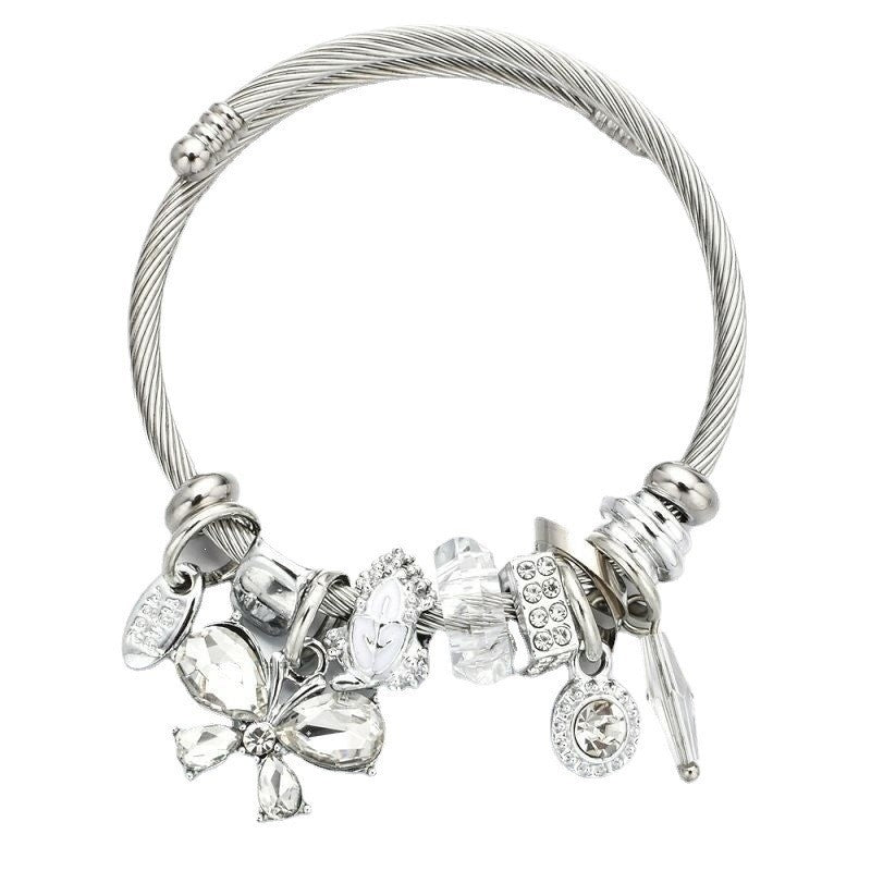 Fairy Style Butterfly Stainless Steel Crystal Inlay Cuff Bracelet