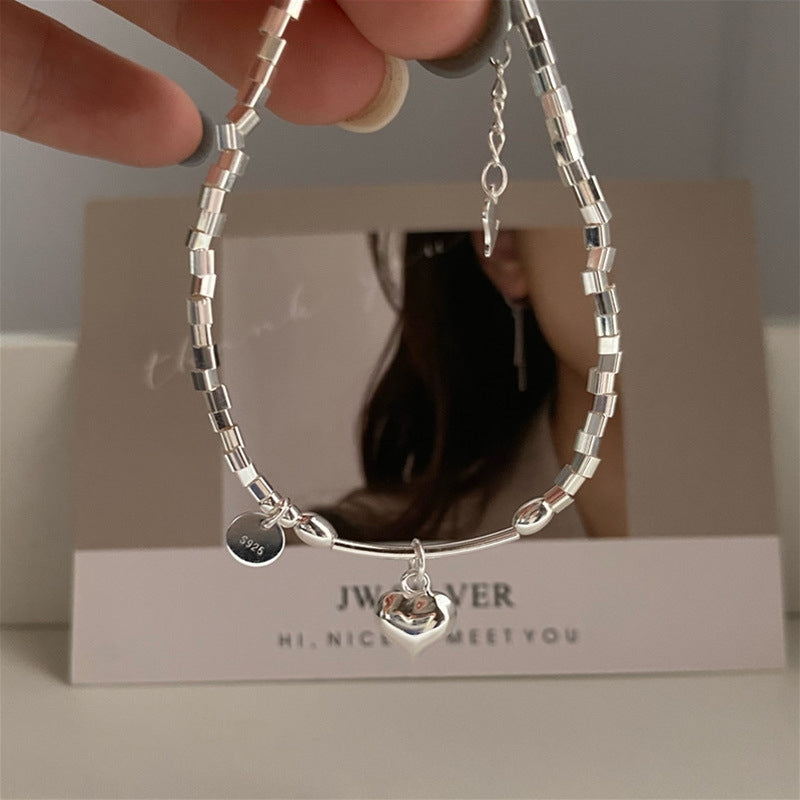 Elegant Heart Sterling Silver Love Pendant Bracelet - Niche Design Jewelry Gift