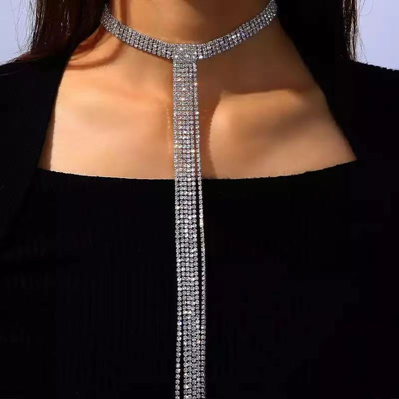 Geometric Rhinestone Multi-layer Long Tassel Body Chain Necklace