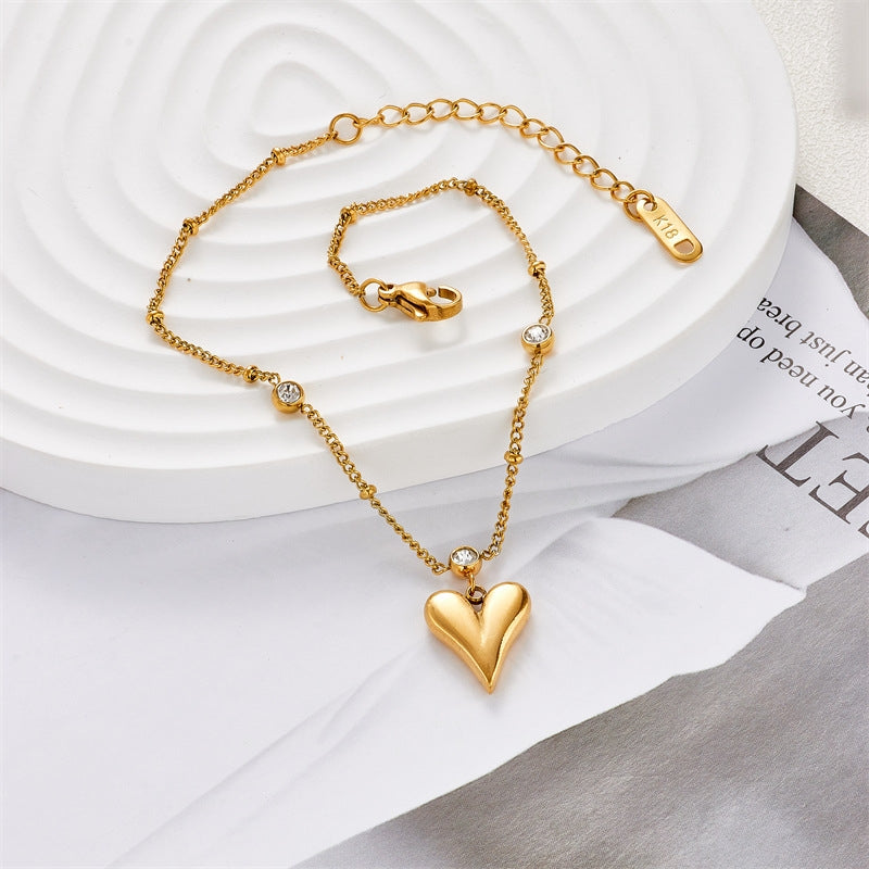 Fashion Adjustable Heart Pendant Rhinestone Stainless Steel Anklet Bracelet