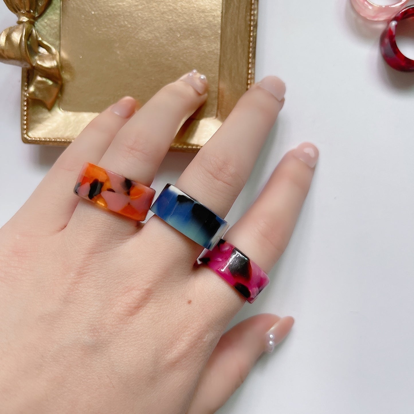 Fashion Adjustable Open Acrylic Acetate Marble Pattern Ring Set