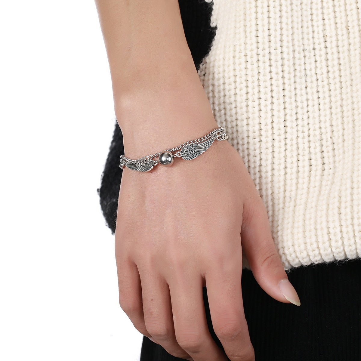 Angel Wings Stainless Steel Layered Chain Bracelet