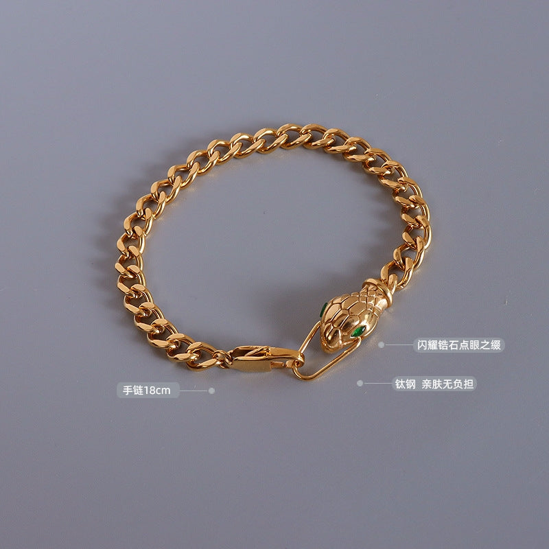 Fashion Minimalist Snake Head Green Eye Zircon 18K Gold Plated Stainless Steel Bracelets