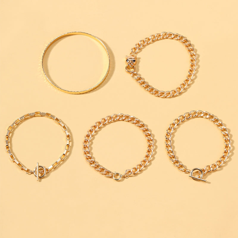 Exaggerated Alloy Leopard Head Bracelet & Thick Chain Anklet Set